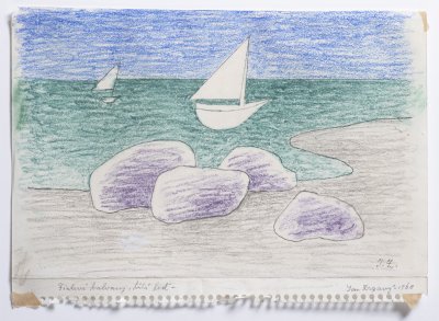 PURPLE BOULDERS, WHITE BOAT