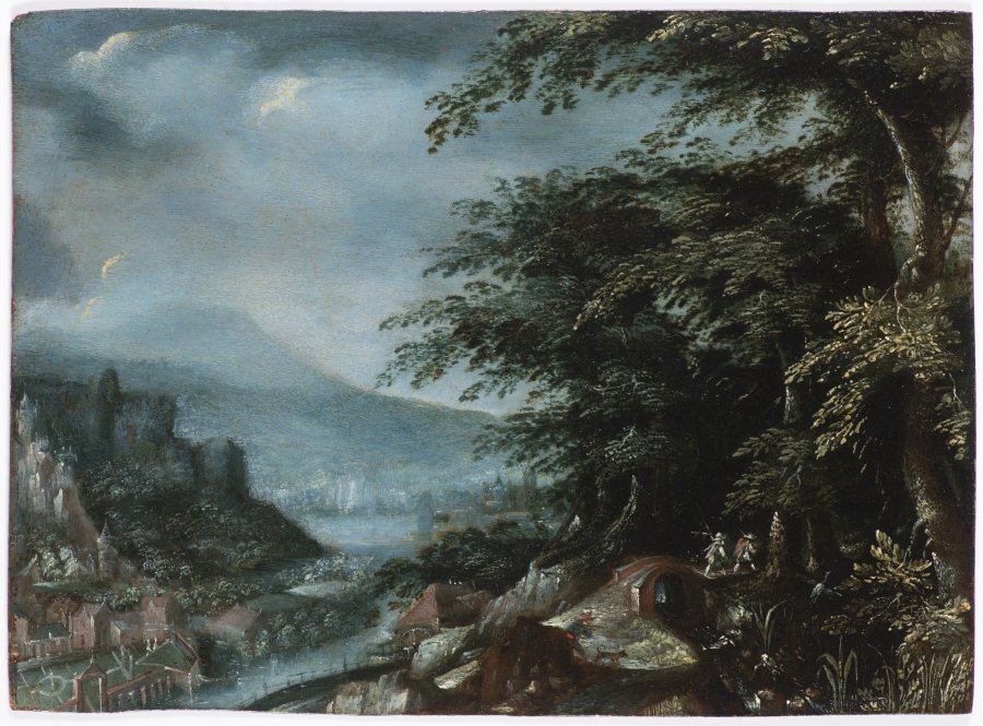 EVENING LANDSCAPE WITH BRIDGE AND HUNTERS