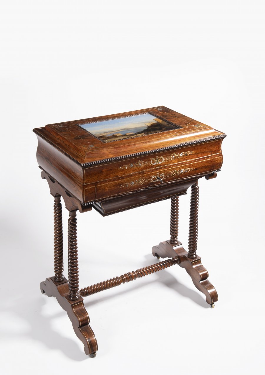 SEWING TABLE WITH A REVERSE GLASS PAINTING
