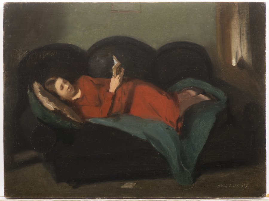 YOUNG WOMAN RECLINING WITH A BOOK