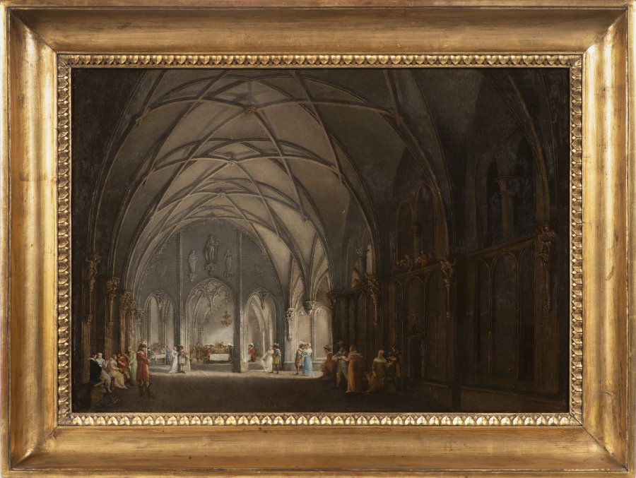 A GOTHIC HALL WITH FIGURES