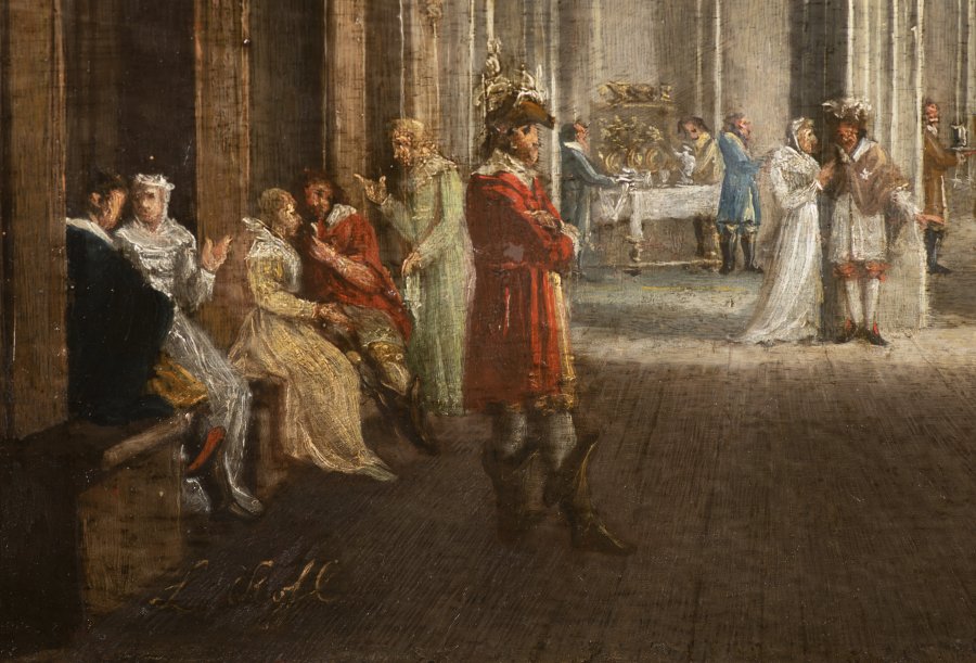 A GOTHIC HALL WITH FIGURES