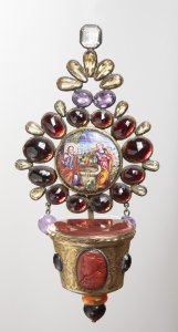 HOLY WATER FONT WITH SEMI-PRECIOUS STONES