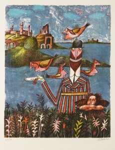 ROMANTIC LANDSCAPE WITH TAME BIRDS