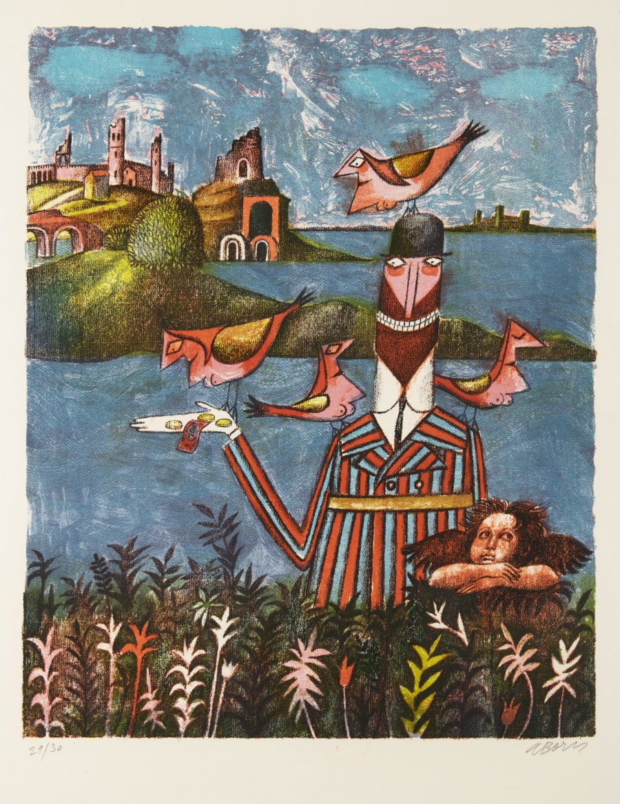 ROMANTIC LANDSCAPE WITH TAME BIRDS