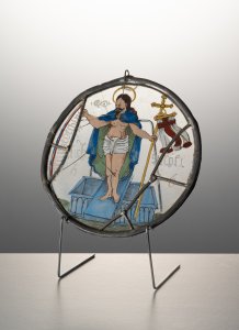 STAINED GLASS MEDAILLON WITH A SACRED MOTIF