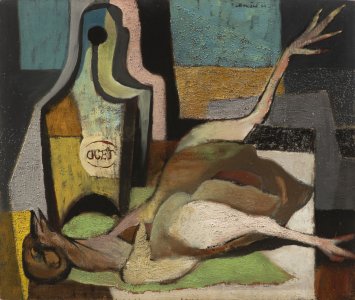 STILL LIFE WITH VINEGAR AND PLUCKED ROOSTER