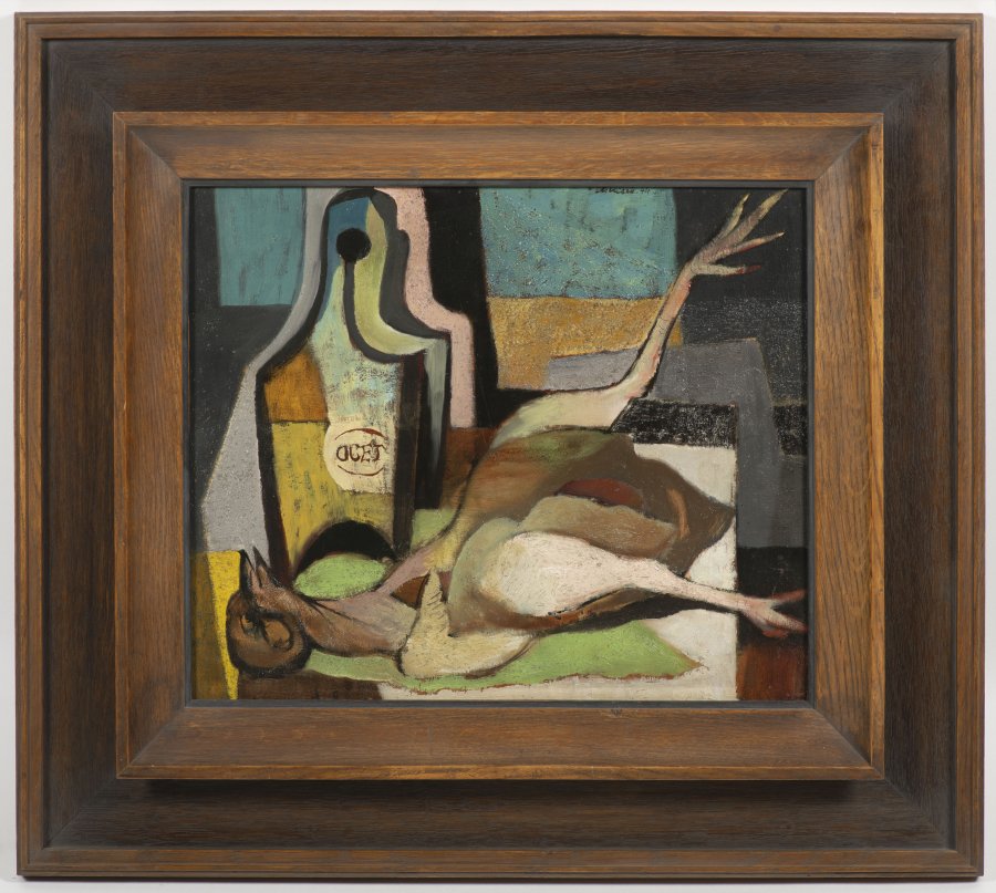 STILL LIFE WITH VINEGAR AND PLUCKED ROOSTER