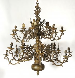 A LARGE BRASS DUTCH-STYLE CROWN CHANDELIER