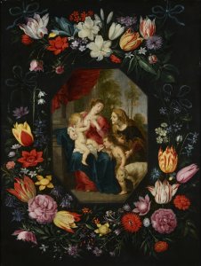 DIE JUNGFRAUM MARIA MIT DEM JESUSKIND, HL. ELISABETH MIT JOHANNES DEM TÄUFER IN BLUMENRAHMEN