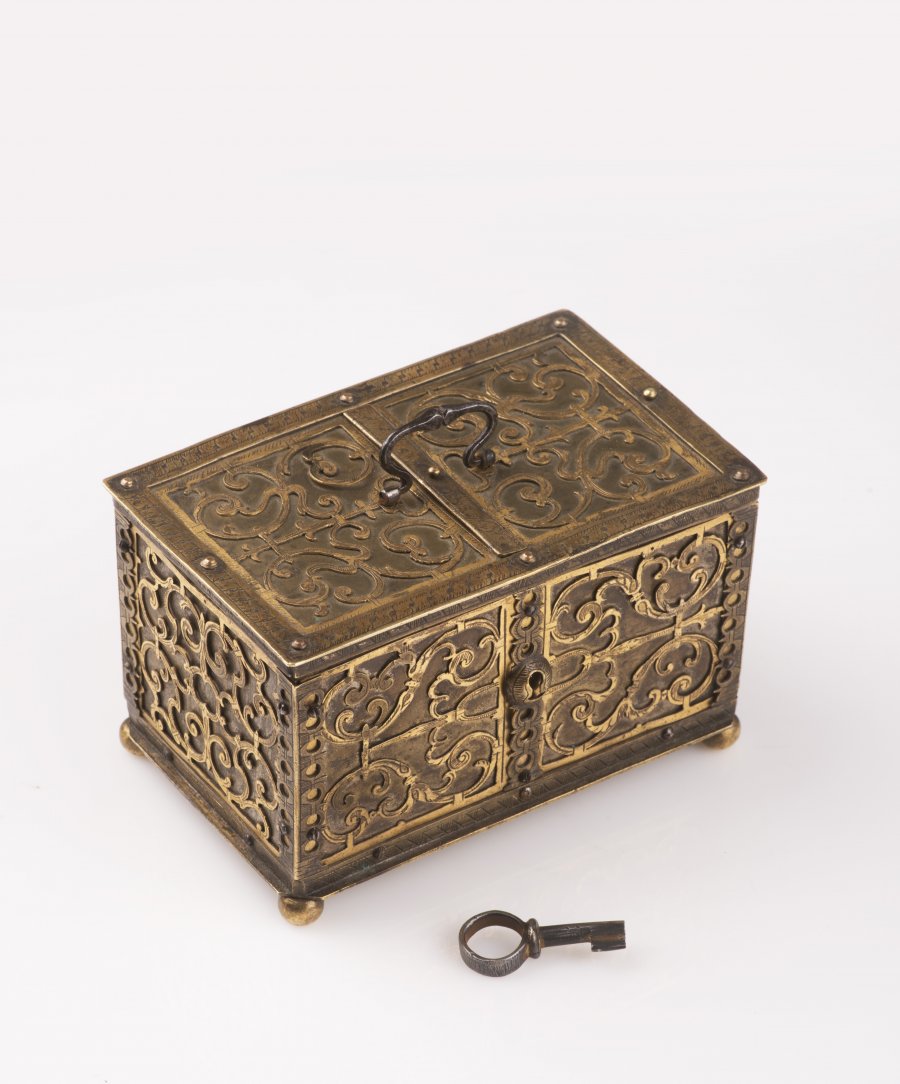 A SMALL BRASS RENAISSANCE CHEST