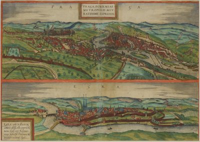 A Colorized Copper Engraving, Views of Prague and Cheb (Eger)