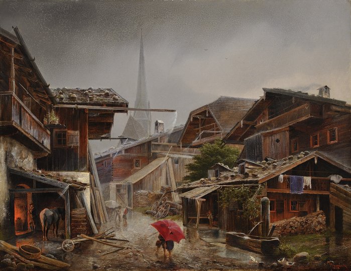 AN ALPINE VILLAGE IN THE RAIN, AT THE BLACKSMITH