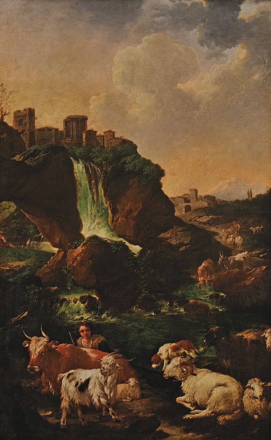 WATERFALL IN TIVOLI WITH SHEPHERDS AND FLOCKS