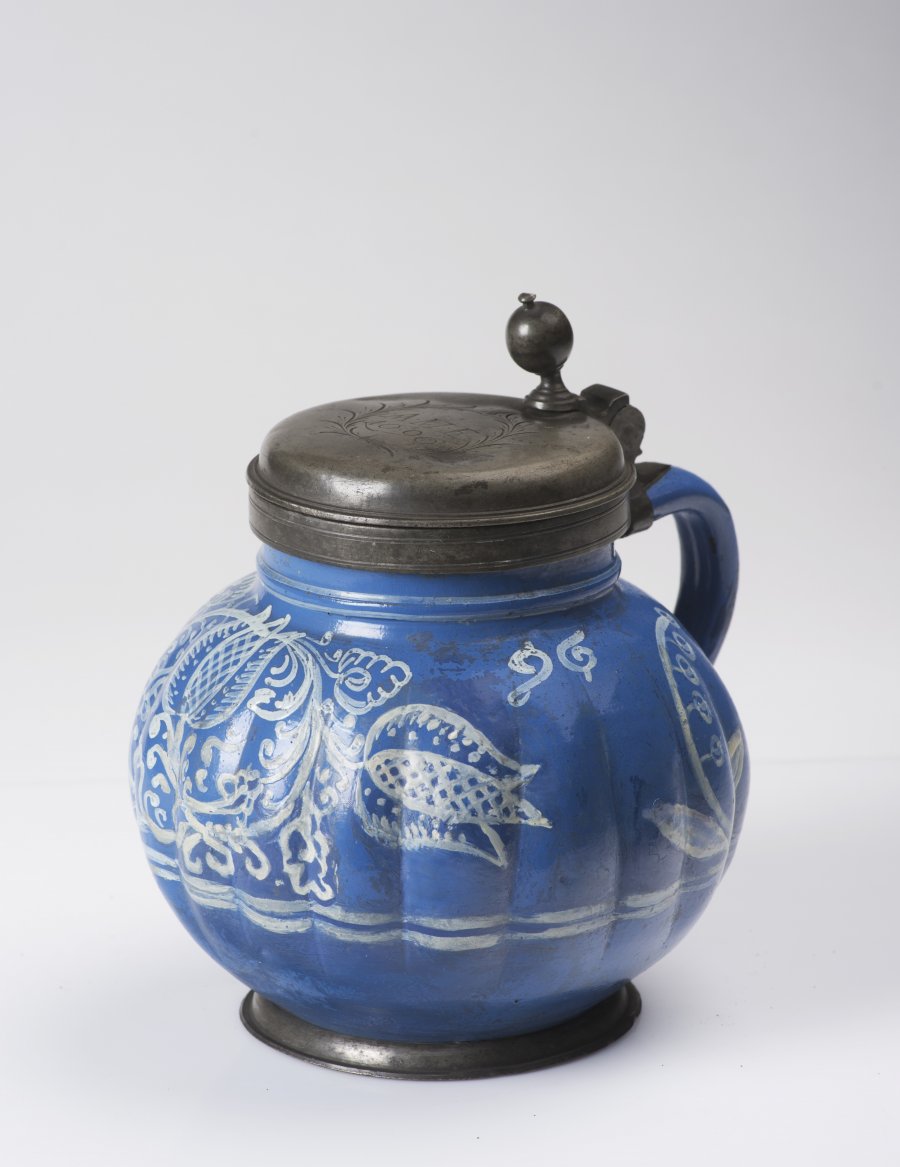 A SMALL HABÁN PITCHER WITH A PEWTER LID