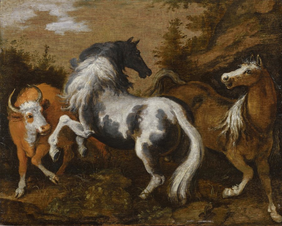 A SCENE WITH AN ARABIAN STALLION, MARE AND COW