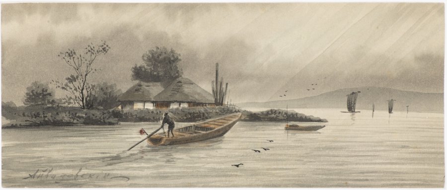 RIVER LANDSCAPE WITH TWO COTTAGES