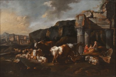 LANDSCAPE WITH RUINS AND LIVESTOCK