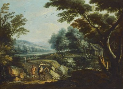 AN ITALIAN LANDSCAPE WITH PILGRIMS