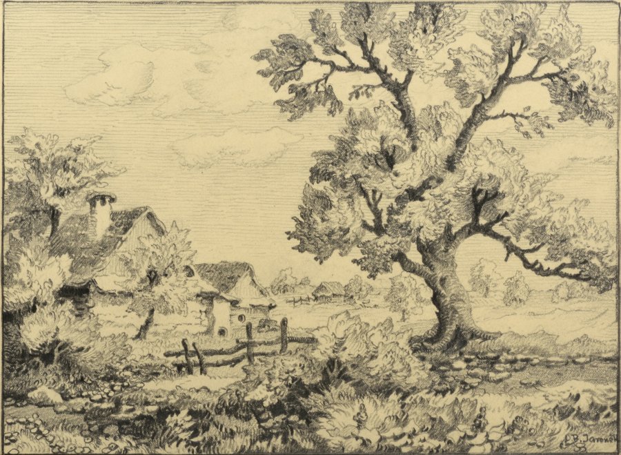 TWO DRAWINGS OF LANDSCAPES WITH HOUSES