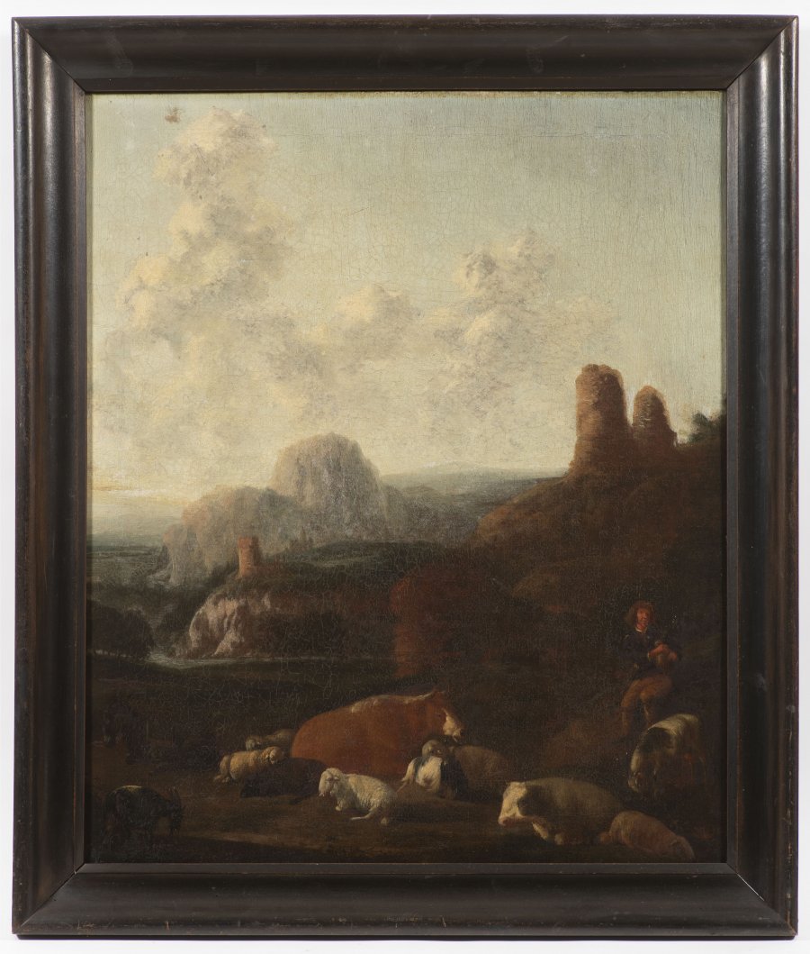 LANDSCAPE WITH A SHEPHERD AND A CASTLE RUIN
